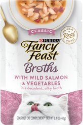 Fancy Feast Classic Broths with Wild Salmon & Vegetables Supplemental Wet Cat Food Pouches, 1.4-oz pouch, case of 16
