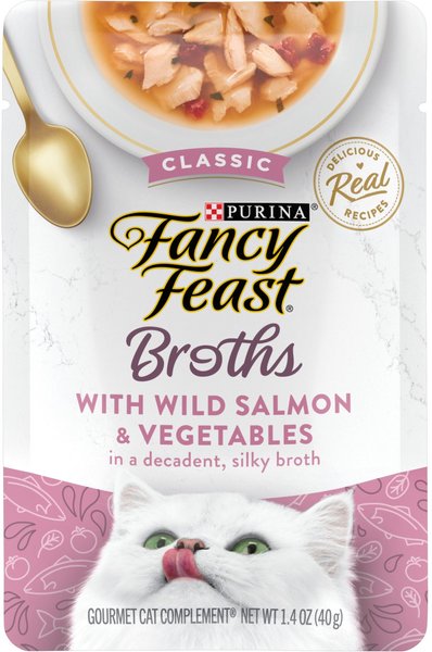 Fancy Feast Classic Broths with Wild Salmon & Vegetables Supplemental Wet Cat Food Pouches, 1.4-oz pouch, case of 16 slide 1 of 10