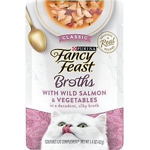 Fancy Feast Classic Broths with Wild Salmon & Vegetables Supplemental Wet Cat Food Pouches, 1.4-oz pouch, case of 16
