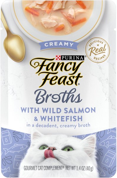 Fancy Feast Creamy Broths with Wild Salmon & Whitefish Supplemental Wet Cat Food Pouches, 1.4-oz pouch, case of 16 slide 1 of 11