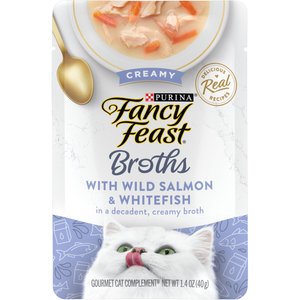 Fancy Feast Creamy Broths with Wild Salmon & Whitefish Supplemental Wet Cat Food Pouches, 1.4-oz pouch, case of 16