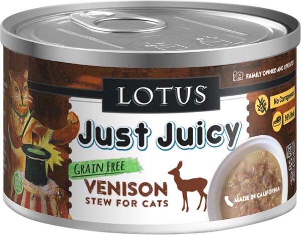 Lotus Just Juicy Venison Stew Grain-Free Canned Cat Food, 2.5-oz, case of 24 slide 1 of 7