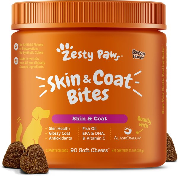 Zesty Paws Skin & Coat Bites Bacon Flavored Soft Chews Omega 3 Fish Oil Supplement for Dogs