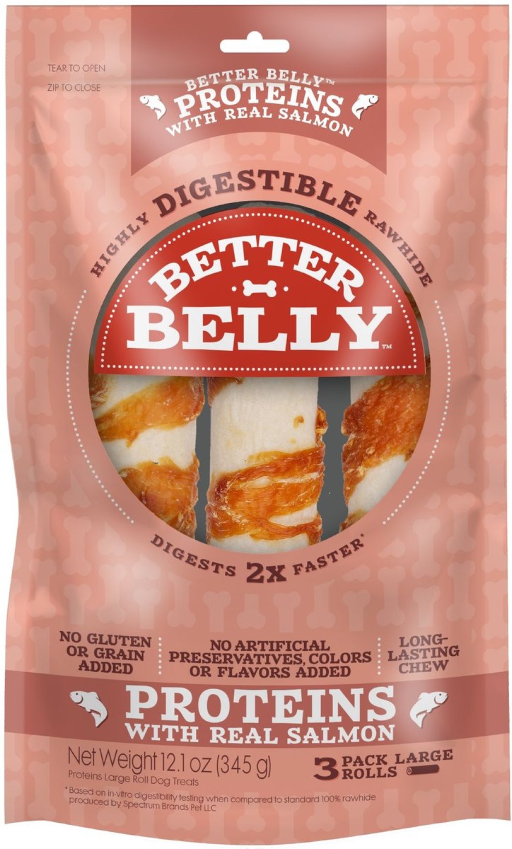 BETTER BELLY Proteins Rolls Real Salmon Rawhide Large Dogs Chews, 3