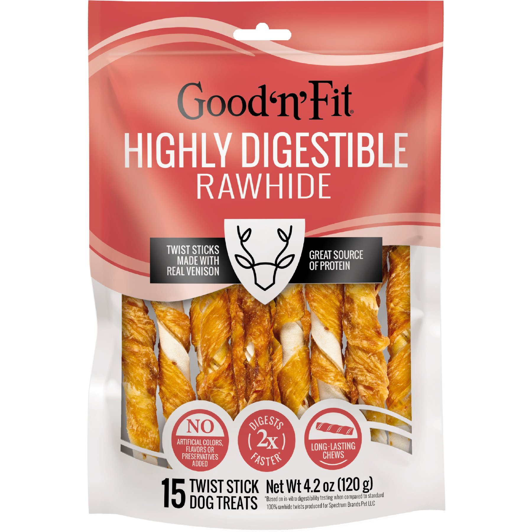 Good 'n' Fun Long-Lasting Twist Sticks Venison Rawhide Chew Dog Treats, 15 count