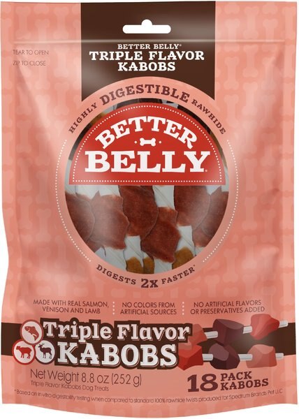 Better Belly Triple Flavor Kabobs Salmon, Venison & Lamb Highly Digestible Rawhide Dog Treat Chews