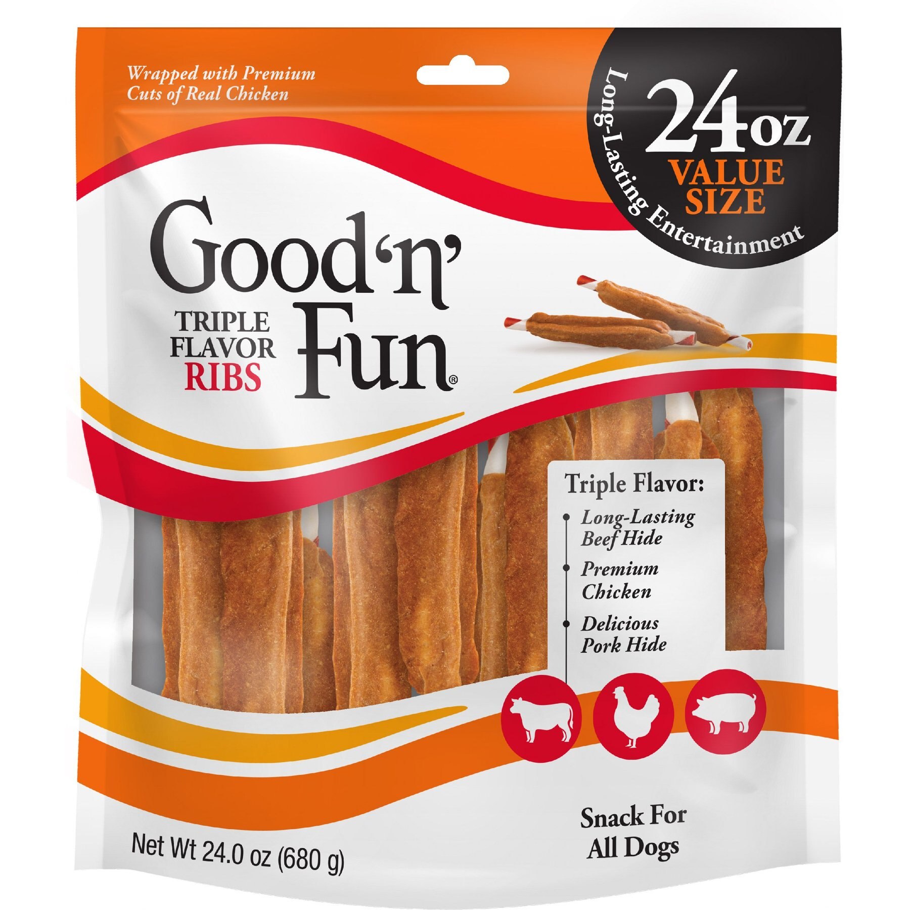 GOOD N FUN Triple Flavor Ribs Beef Pork Chicken Rawhide Dog Chews 24 oz bag Chewy