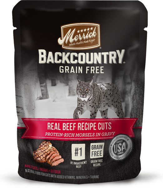 Merrick Backcountry Grain-Free Morsels in Gravy Real Beef Recipe Cuts Cat Food Pouches, 3-oz, case of 24 slide 1 of 10