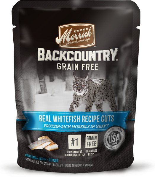Merrick Backcountry Grain-Free Morsels in Gravy Real Whitefish Recipe Cuts Cat Food Pouches, 3-oz, case of 24 slide 1 of 9
