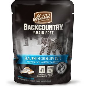 Merrick Backcountry Grain-Free Morsels in Gravy Real Whitefish Recipe Cuts Cat Food Pouches, 3-oz, case of 24
