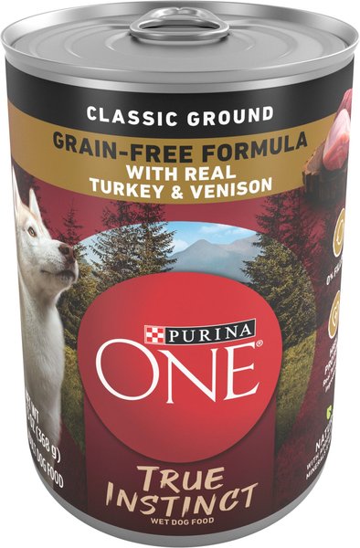 Purina ONE SmartBlend Grain-Free True Instinct Classic Ground with Real Turkey & Venison Canned Dog Food, 13-oz, case of 12 slide 1 of 11