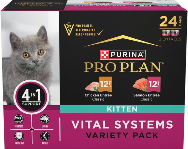 PURINA PRO PLAN Vital Systems Chicken & Salmon Entrée Variety Pack 4-in-1  Muscles, Brain, Immune & Bone Wet Kitten Food, 3-oz can, case of 24 