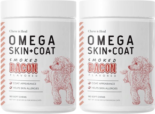 Chew + Heal Omega Skin + Coat Smoked Bacon & Peanut Butter Flavored Soft Chew Bundle Supplement for Dogs, 360 count