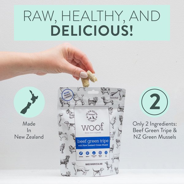 The New Zealand Natural Pet Food Co. Woof Beef Green Tripe Grain-Free Freeze-Dried Dog Treats, 1.4-oz bag