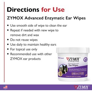 Zymox Advanced Enzymatic Dog & Cat Ear Wipes, 7.05-fl oz bottle, 100 count