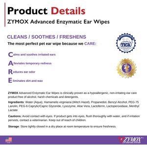 Zymox Advanced Enzymatic Dog & Cat Ear Wipes, 7.05-oz bottle, 100 count