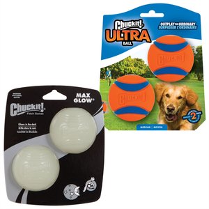 Chuckit! Ultra Rubber Ball Tough, Medium, 2 pack + Max Glow Ball Dog Toy, Medium, 2 count