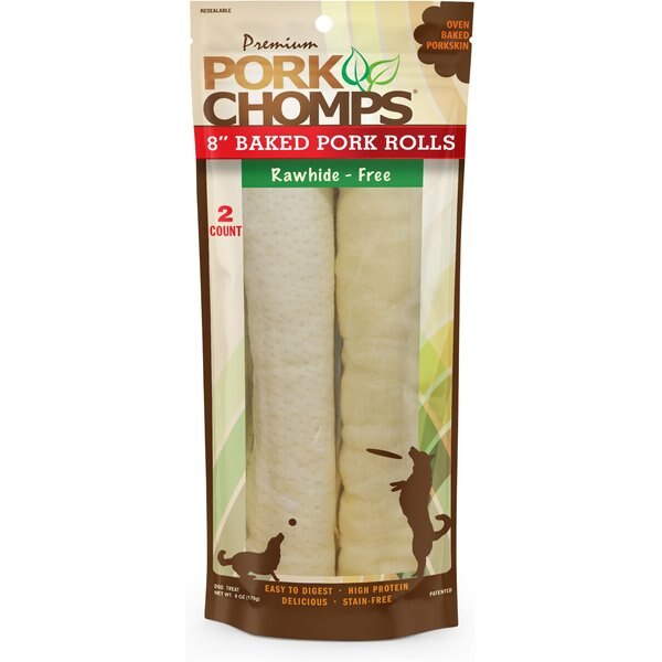 PREMIUM PORK CHOMPS Baked Pork Rolls Dog Treats, 8in, 18 count