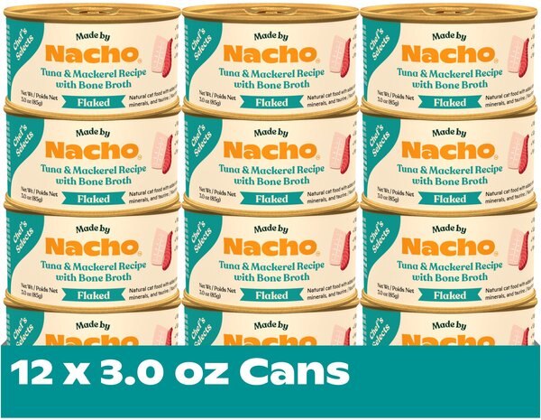 Made by Nacho Flaked Tuna & Mackerel Recipe in Bone Broth Grain-Free Wet Cat Food, 3-oz can, case of 12