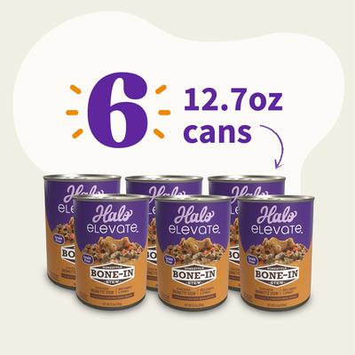 Show full view: Halo Elevate Homestyle Bone-In Chicken Stew with Carrots & Spinach Grain-Free Wet Dog Food, 12.7-oz can, case of 6 slide 3 of 9