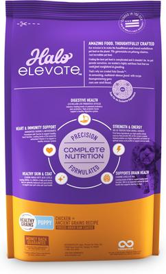 Show full view: Halo Elevate Healthy Grains Puppy Formula Chicken Recipe Dry Dog Food, 3.5-lb bag slide 3 of 11
