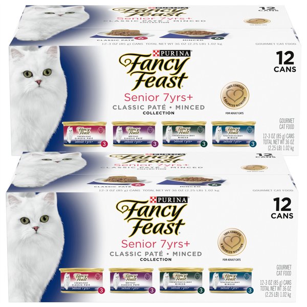 FANCY FEAST Senior 7 Chicken Beef Tuna Feasts Variety Pack Canned Cat Food 3 oz can case of 24 Chewy