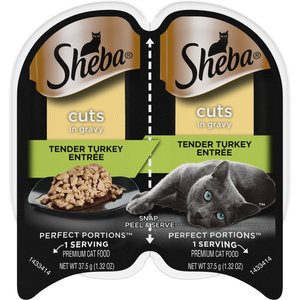 Sheba Perfect Portions Grain-Free Tender Turkey Cuts in Gravy Entree Cat Food Trays, 2.6-oz, case of 24 twin-packs