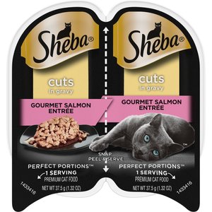 Sheba Perfect Portions Grain-Free Gourmet Salmon Cuts in Gravy Entree Cat Food Trays, 2.6-oz, case of 24 twin-packs