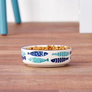 Signature Housewares Coastal Fish Non-Skid Ceramic Cat Bowl, 1-cup