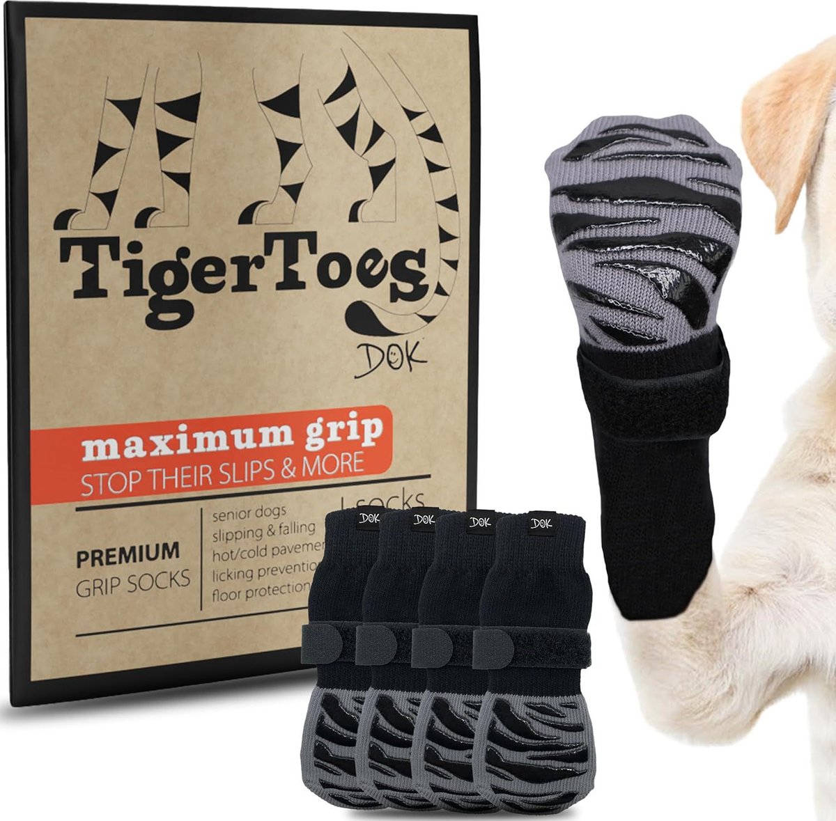 DOK TigerToes Anti-Slip Dog Socks for Senior Dogs, Grey, Small 