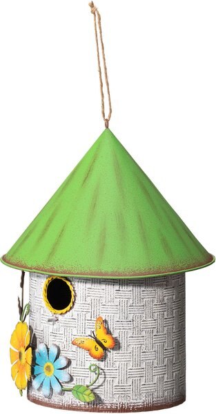 Glitzhome Stylish Distressed Metal Cottage Decorative with a Cluster of 3D Flowers & Butterfly Birdhouse, Green