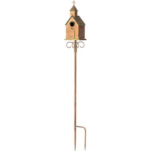 Glitzhome Farmhouse Faux Copper Distressed Metal Church Outdoor Decorative Garden with Stake Birdhouse, Yellow