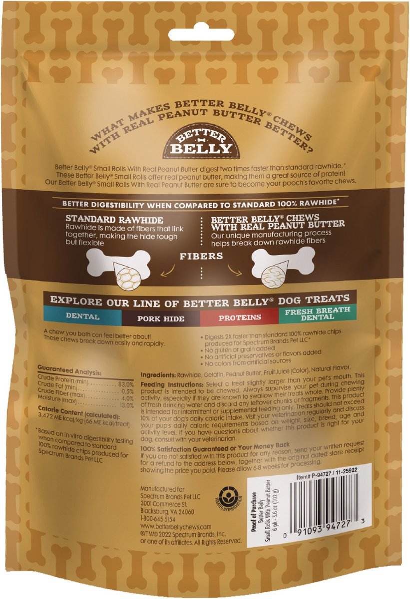 BETTER BELLY Highly Digestible Small Rolls Real Peanut Butter Rawhide
