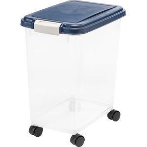 IRIS USA WeatherPro Airtight Dog, Cat, Bird & Small-Pet Food Storage Container with Attachable Casters, Navy, 25 lbs. - 33-qt