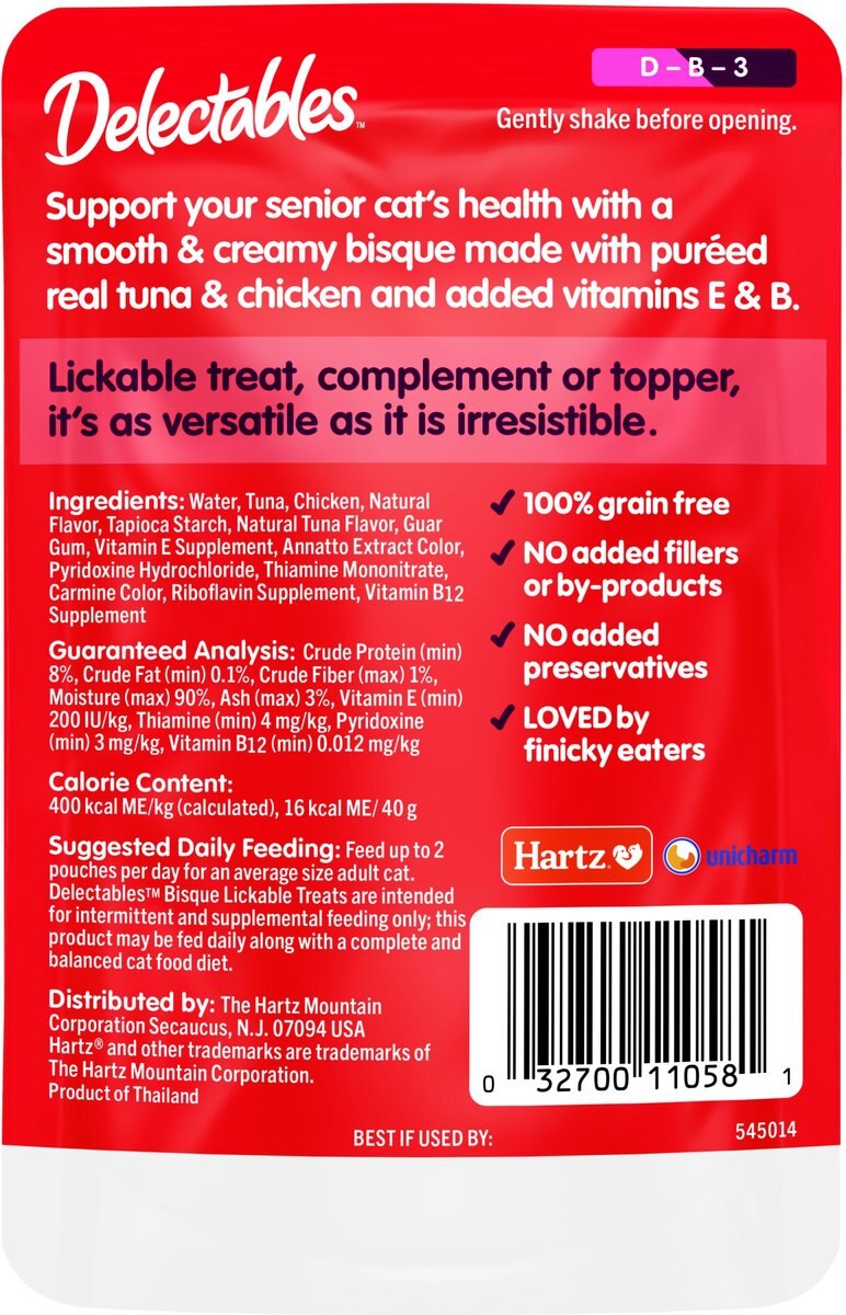 HARTZ Delectables Bisque Senior 10+ Tuna & Chicken Lickable Cat Treats, 1.4oz, case of 12