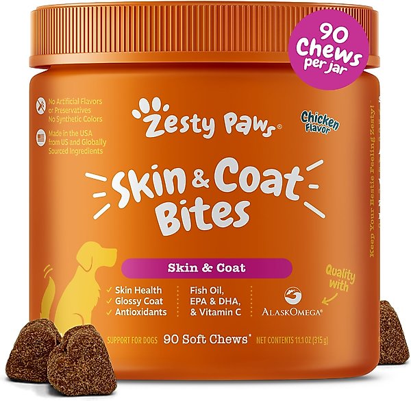 ZESTY PAWS Skin & Coat Bites Chicken Flavored Soft Chews Omega 3 Fish