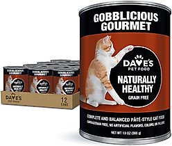 Dave's Pet Food Naturally Healthy Gobblicious Gourmet Grain-Free Pate Wet Canned Cat Food, 13-oz can, case of 12