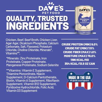 Show full view: Dave's Pet Food 95% Premium Chicken & Beef Pate Limited Ingredient Grain-Free Canned Wet Dog Food, 13-oz can, case of 12 slide 6 of 10
