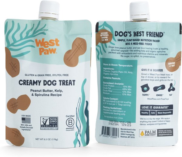 West Paw Peanut Butter, Kelp & Spirulina Creamy GMO-Free Lickable Dog Treats, 6.2-oz bag