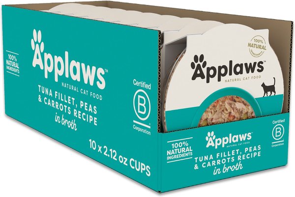 Applaws Tuna Fillet, Peas & Carrots Recipe in Broth Wet Cat Food, 2.12-oz cup, case of 10