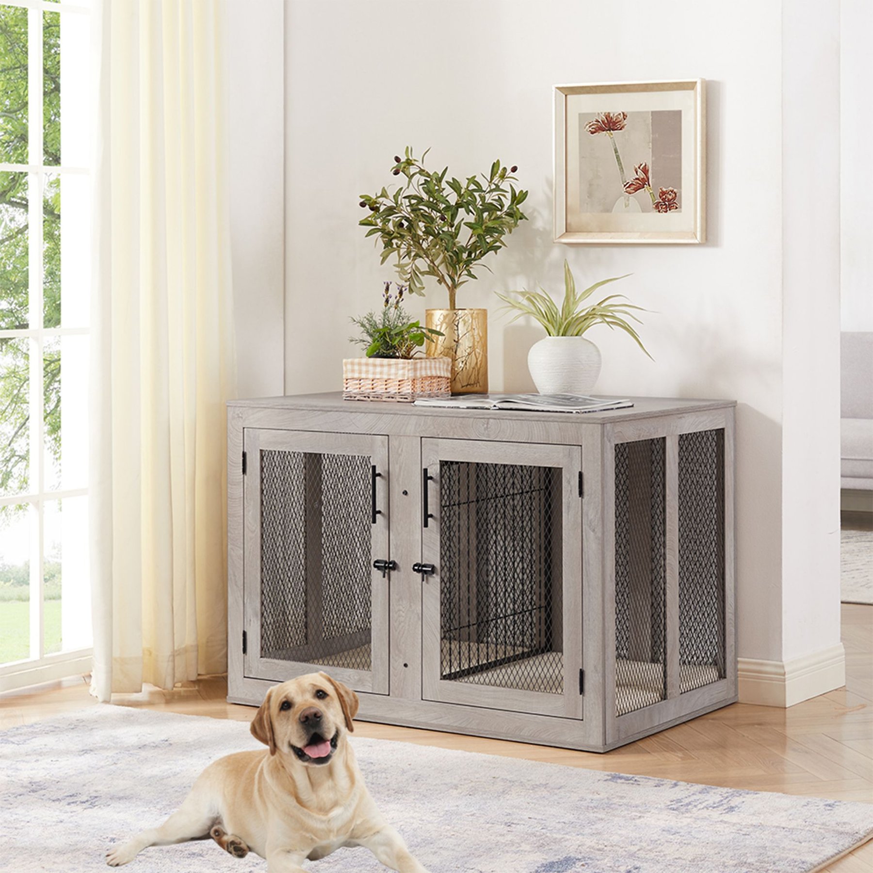 UNIPAWS Furniture Style Dog Crate with Optional Divider, Weathered Grey
