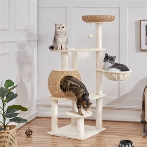 Yaheetech 54-in Plush Rattan Cat Tree & Condo, Beige