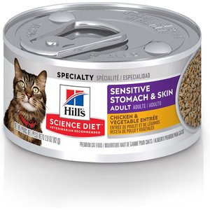 Hill's Science Diet Adult Sensitive Stomach & Skin Chicken & Vegetable Entrée Canned Cat Food, 2.9-oz, 24 Pack