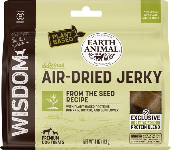 Earth Animal Wisdom Air-Dried From the Seed Recipe Premium Natural Plant-Based Jerky Strips Dog Treats, 4-oz bag