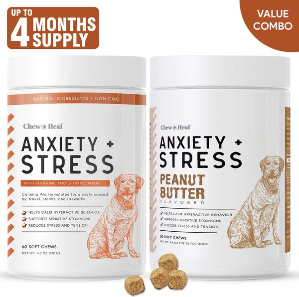 Chew + Heal Anxiety + Stress Classic Chicken & Peanut Butter Flavored Soft Chews Supplement for Dogs, 120 Count