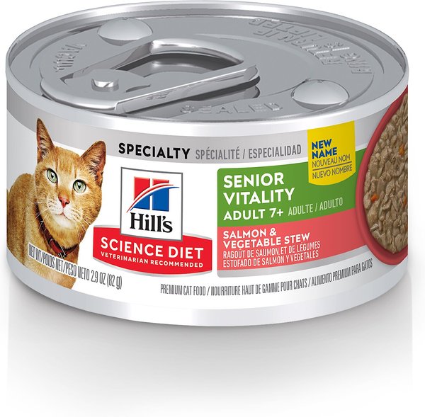 Hill's Science Diet Adult 7+ Senior Vitality Salmon & Vegetable Stew Canned Cat Food, 2.9-oz, case of 24 slide 1 of 9