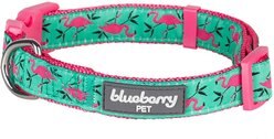 Blueberry Pet Spring Prints Nylon Dog Collar, Pink Flamingo on Light Emerald, Large: 18 to 26-in neck, 1-in wide