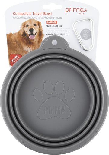 Prima Pets Collapsible Silicone Travel Dog & Cat Bowl with Carabiner, Large, Grey