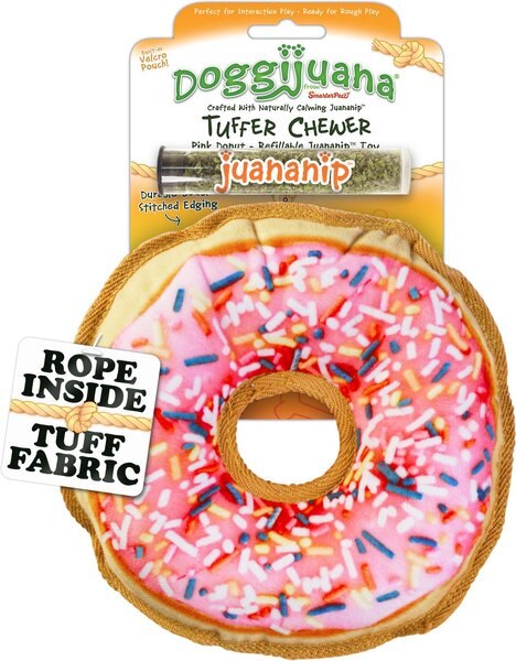 Doggijuana Tuffer Chewer Refillable Juananip Donut Tough Squeaky Dog Plush Toy
