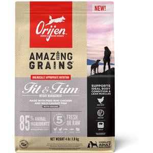 ORIJEN Amazing Grains Fit & Trim Adult High-Protein Poultry & Fish Dry Dog Food, 4-lb bag
